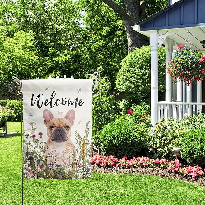 Floral French Bulldog Garden Flag Spring Summer Yard Flag Flower Dog Garden Flags for Outside Small Outdoor Welcome Flags 12x18 Double Sided