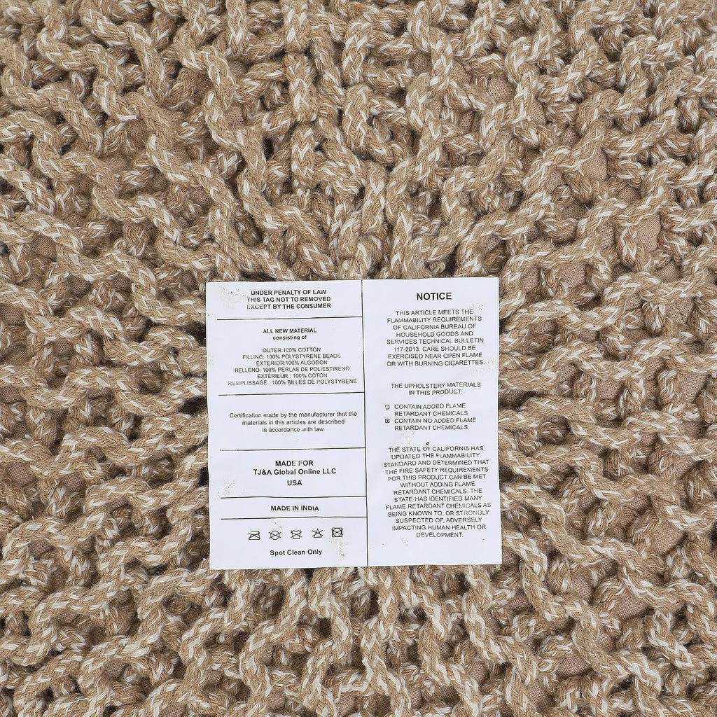 · REDEARTH · Round Pouf Ottoman - Hand Knitted Boho Poof - Beige Ivory