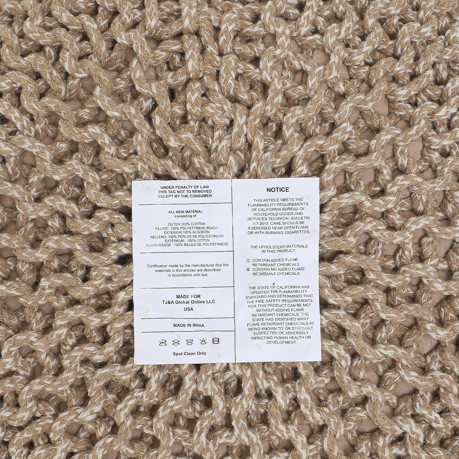 · REDEARTH · Round Pouf Ottoman - Hand Knitted Boho Poof - Beige Ivory