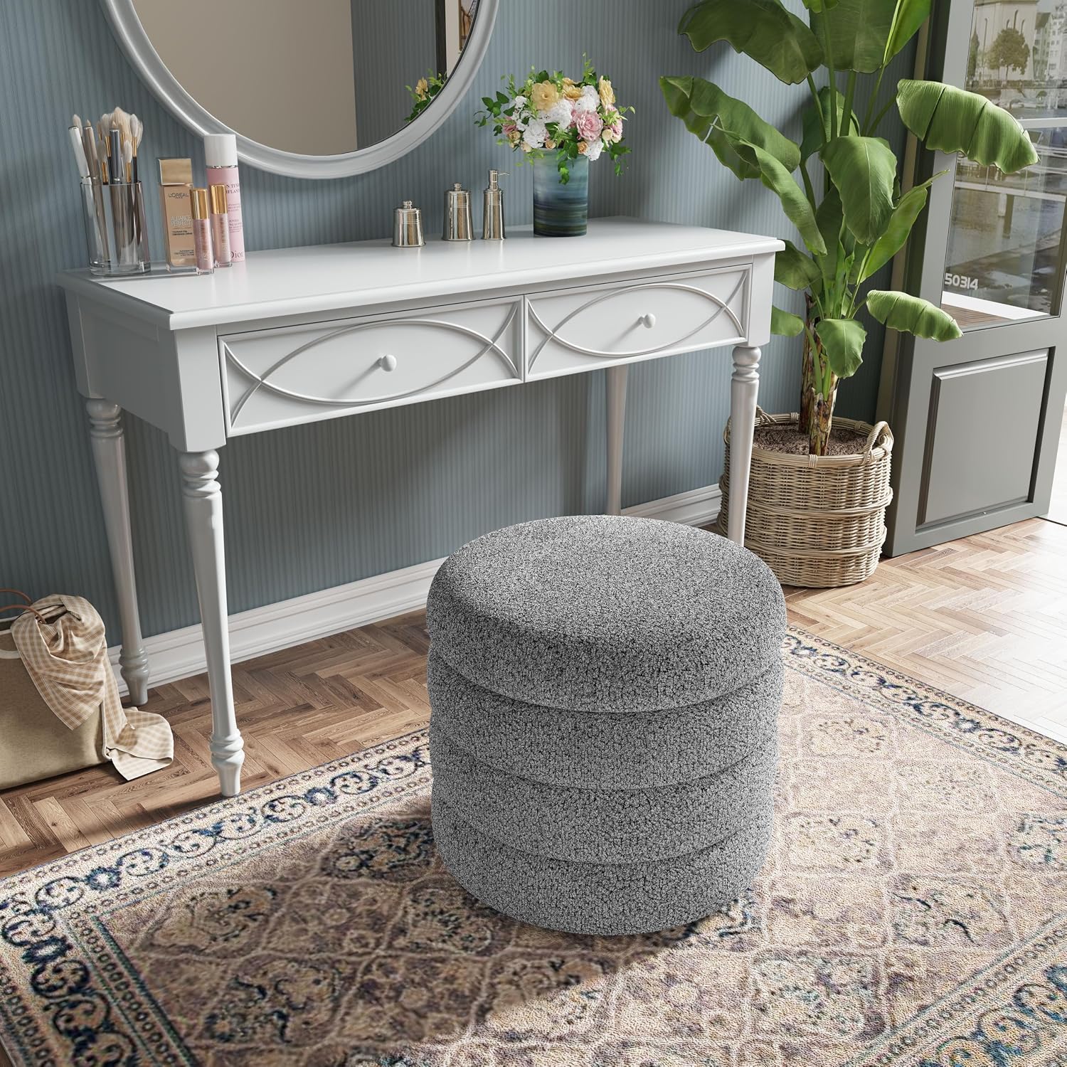 allamazing Storage Ottoman, Round Ottoman with Storage, Vanity Stool Foot Rest with Removable Lid, Round Boucle Upholstered for Living Room Pouf Footstool