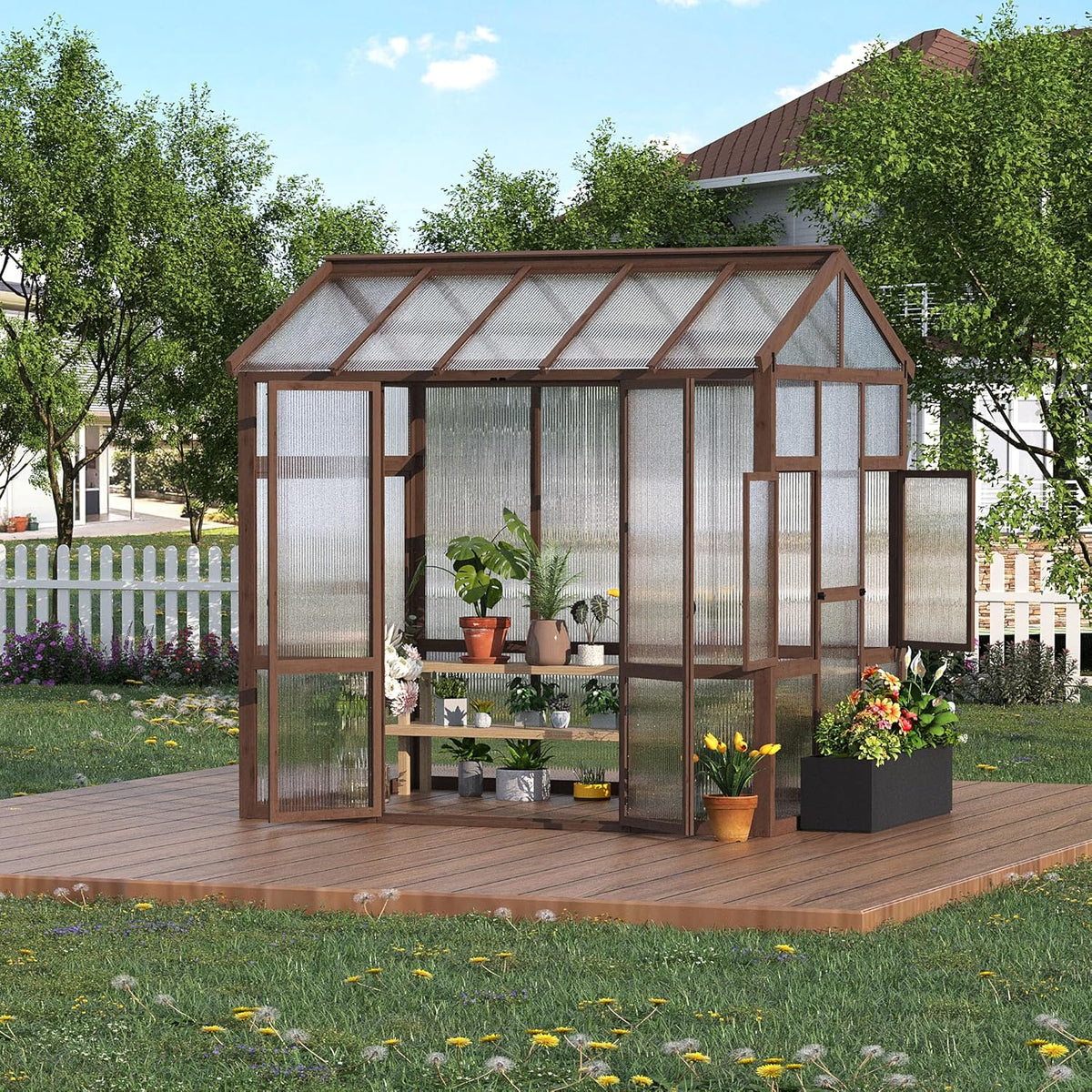 6x8 ft Wooden Greenhouse for Outdoor - Heavy Duty Walk-in Green House Kit with 6 mm Polycarbonate,Ventilated Window & Lockable Door for Backyard,Patio,Lawn