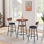 23.6" 3 Piece Round Bar Table and Chair Set with Shelf Rustic Brown | Rustic Brown Particleboard And Black Steel Frame With Integrated Middle Storage Shelf For Small Spaces