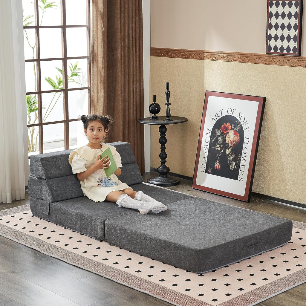 jela Foldable Sofa Bed Large Soft Foam Convertible Sleeper Chair Luxury Miss Fabric Fold Out Chair Bed Floor Couch with Back Support Floor Sofa for Living Room Bedroom (83"x33",Dark Gray)