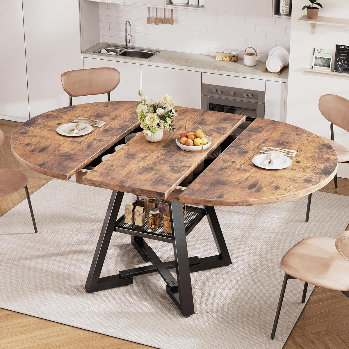 43‘’-57‘’ Extendable Round Dining Table for 4-6, Modern Industrial Kitchen Oval Dining Table with Removable Leaves, Space Saving Pedestal Base with Storage Shelf for Kitchen Living Room (Rustic)
