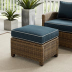 Crosley Furniture Bradenton Wicker Outdoor Ottoman Foot Rest for Patio, Deck, Porch, Brown with Navy Cushions