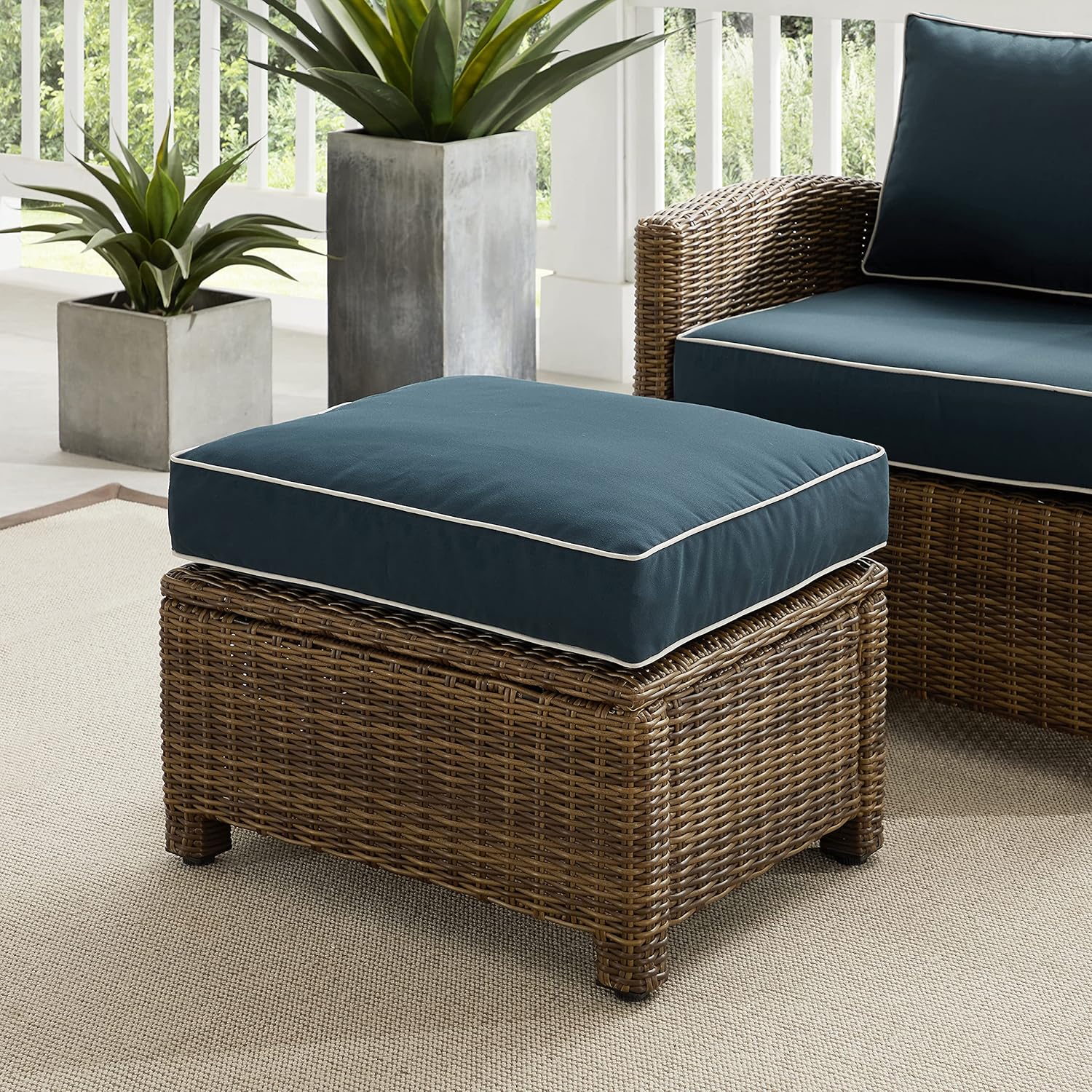 Crosley Furniture Bradenton Wicker Outdoor Ottoman Foot Rest for Patio, Deck, Porch, Brown with Navy Cushions