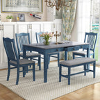 LUMISOL 6-Piece Dining Table Set with Bench, Farmhouse Solid Wood Kitchen Table Set with Bench, 4 Upholstered Chairs & Storage Drawers for Kitchen, Dining Room, Living Room, Antique Blue