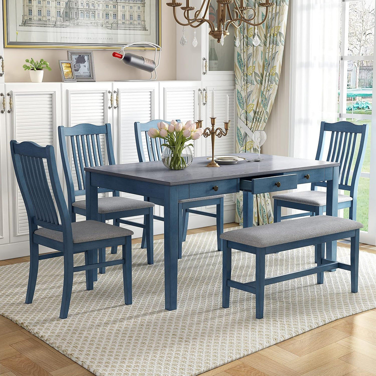 LUMISOL 6-Piece Dining Table Set with Bench, Farmhouse Solid Wood Kitchen Table Set with Bench, 4 Upholstered Chairs & Storage Drawers for Kitchen, Dining Room, Living Room, Antique Blue