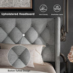 GalnFu Queen Size Bed Frame with Button Tufted Headboard, Upholstered Platform Bed Frame with UnderBed Storage, Wooden Slats Supports, Noise Free, No Box Spring Needed, Easy Assembly, Light Grey
