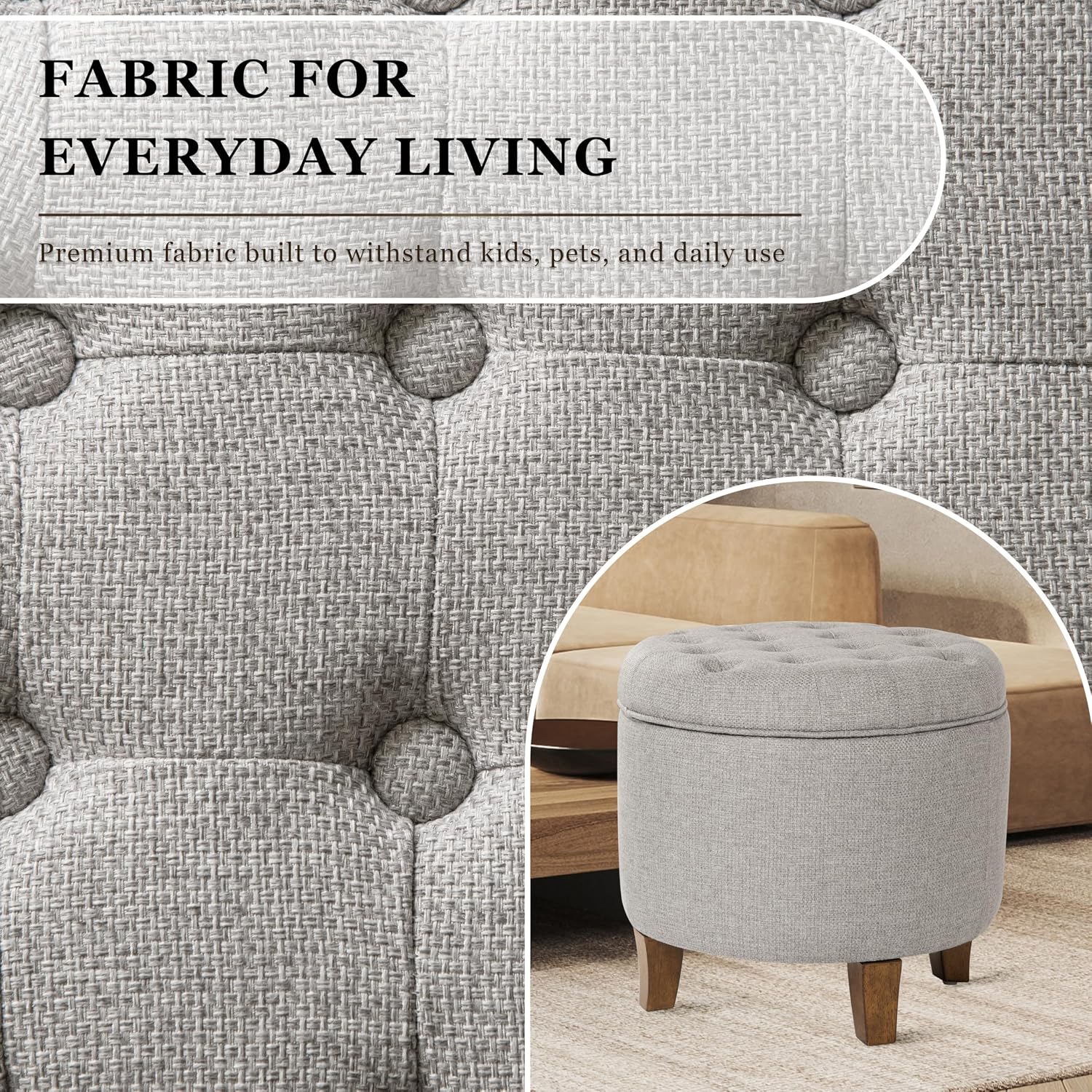 HomePop 19" Button Tufted Round Storage Ottoman - Gray Fabric
