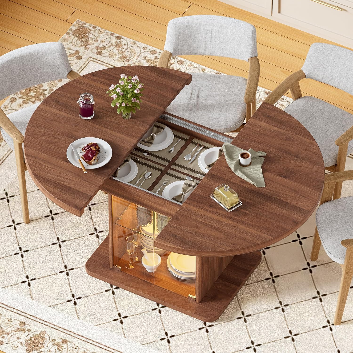 43.3"-59" Extendable Round Dining Table for 4-8 with Dust-Proof 2-Tier Storage Shelf, Space-Saving Expandable Dining Room Table with Lights, Wood Oval Circle Dining Table for Kitchen, Walnut