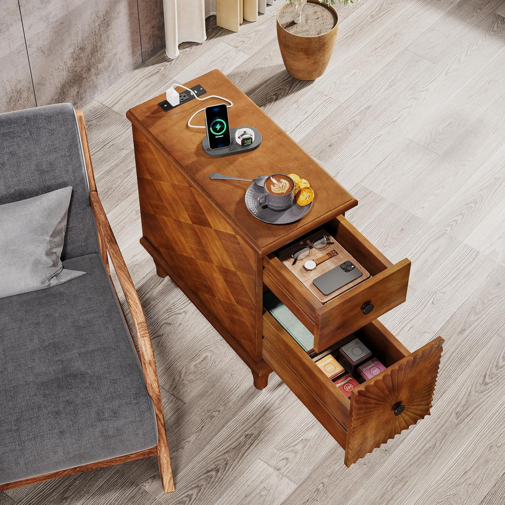 Solid Wood Sunburst End Table, No Assembly Required 2 Drawers Sofa Side Bedside Table with Sunbeam Texture for Living Room, Vintage Nightstand for Bedroom (Caramel Brown, 1PC, w/Charging Station)