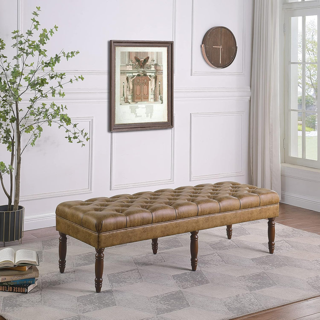 HomePop Large Upholstered Tufted Bench – Light Brown Leather