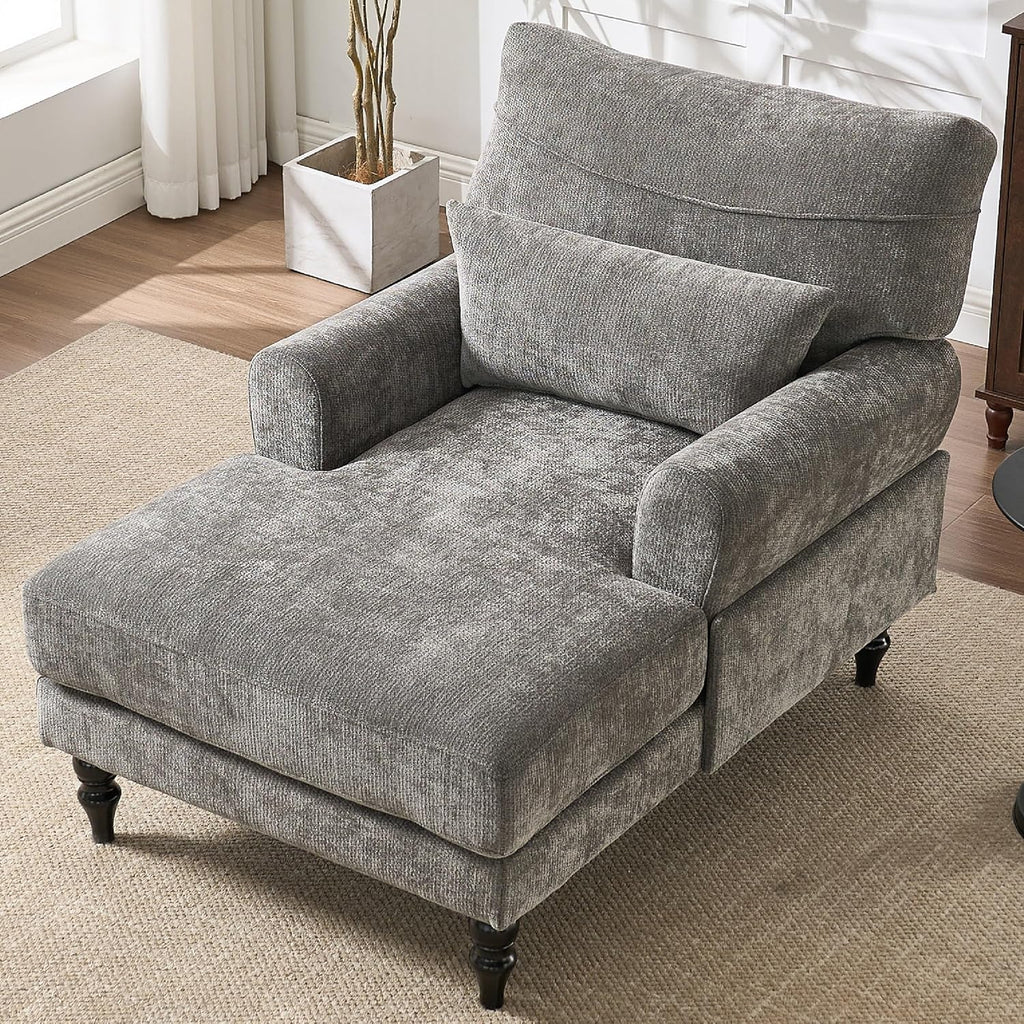 KEIKI Chaise Lounge Chair Indoor, Modern Leisure Sleeper Sofa Chair w/Double Deep Cushion, Accent Upholstered Reading Side Armchair, Recliner Arm Chairs for Living Room & Bedroom, Easy Assembly, Gray