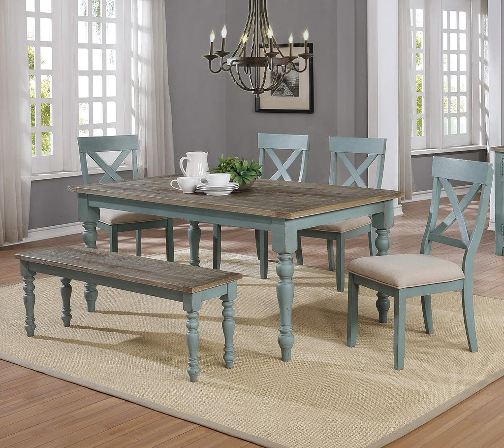 Roundhill Furniture Prato 6-Piece Dining Set, Dining Table with 4 Cross Back Chairs and Bench, Antique Blue and Distressed Walnut Finish