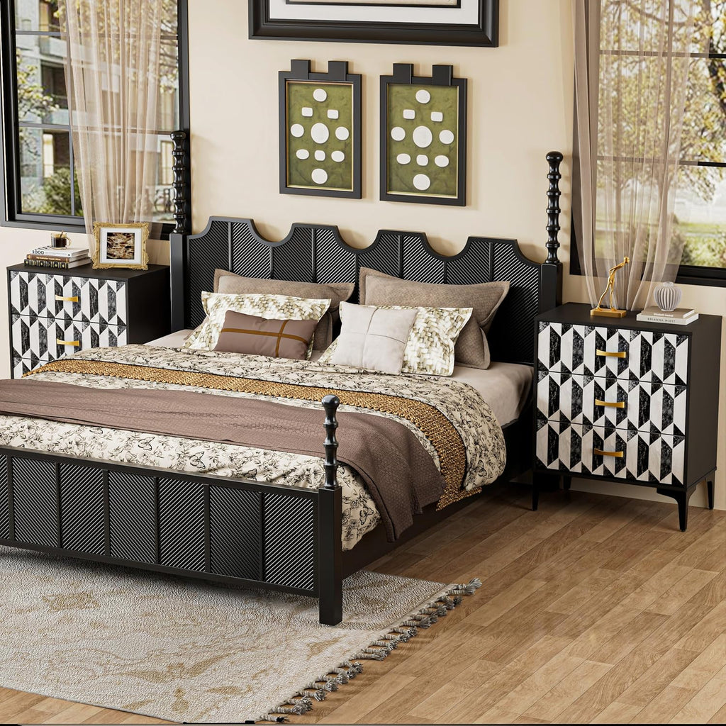 Anbuy Black Marble Nightstand, Modern Night Stand with 3 Drawers for Bedroom, Large Side End Table Bedside Night Tables with Gold Handles & Matel Legs