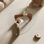 Honyee Morden Coffee Table, 42.5" x 28.5" x 16.1" Triangle Tempered Glass Top for Living Room, Color: Natural Wood
