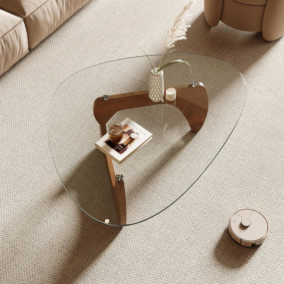 Honyee Morden Coffee Table, 42.5" x 28.5" x 16.1" Triangle Tempered Glass Top for Living Room, Color: Natural Wood