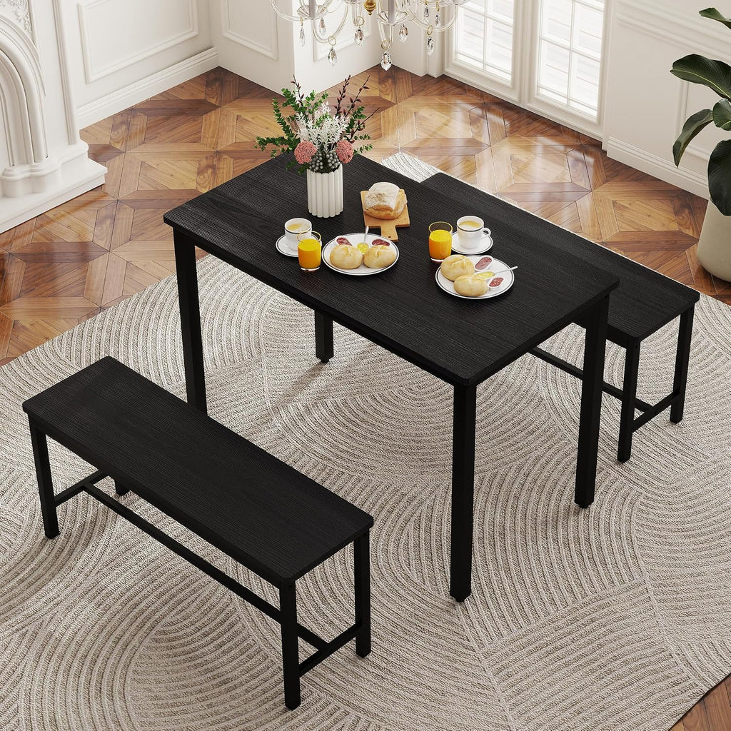 Dining Table Set for 4, Kitchen Table with 2 Benches, 3-Piece Wood Dining Room Furniture Dinette Chairs Sets for Breakfast Nook and Small Space, Black