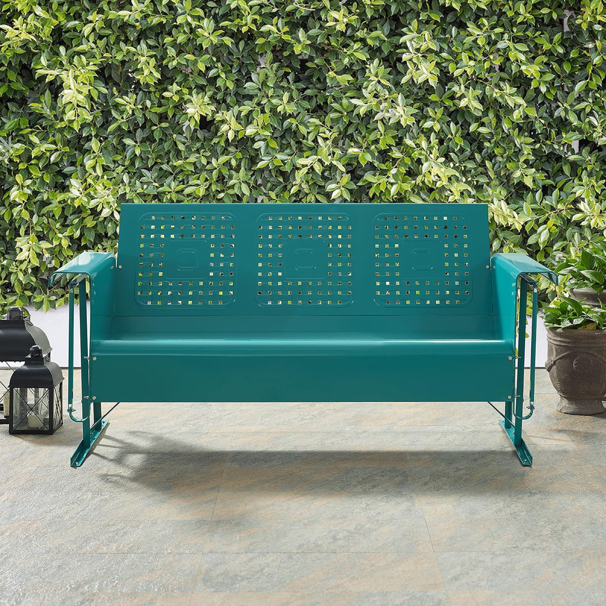 Crosley Furniture Bates Retro Metal Outdoor Sofa Glider, 3-Person Rocking Patio Bench for Porch, Deck, Turquoise Gloss