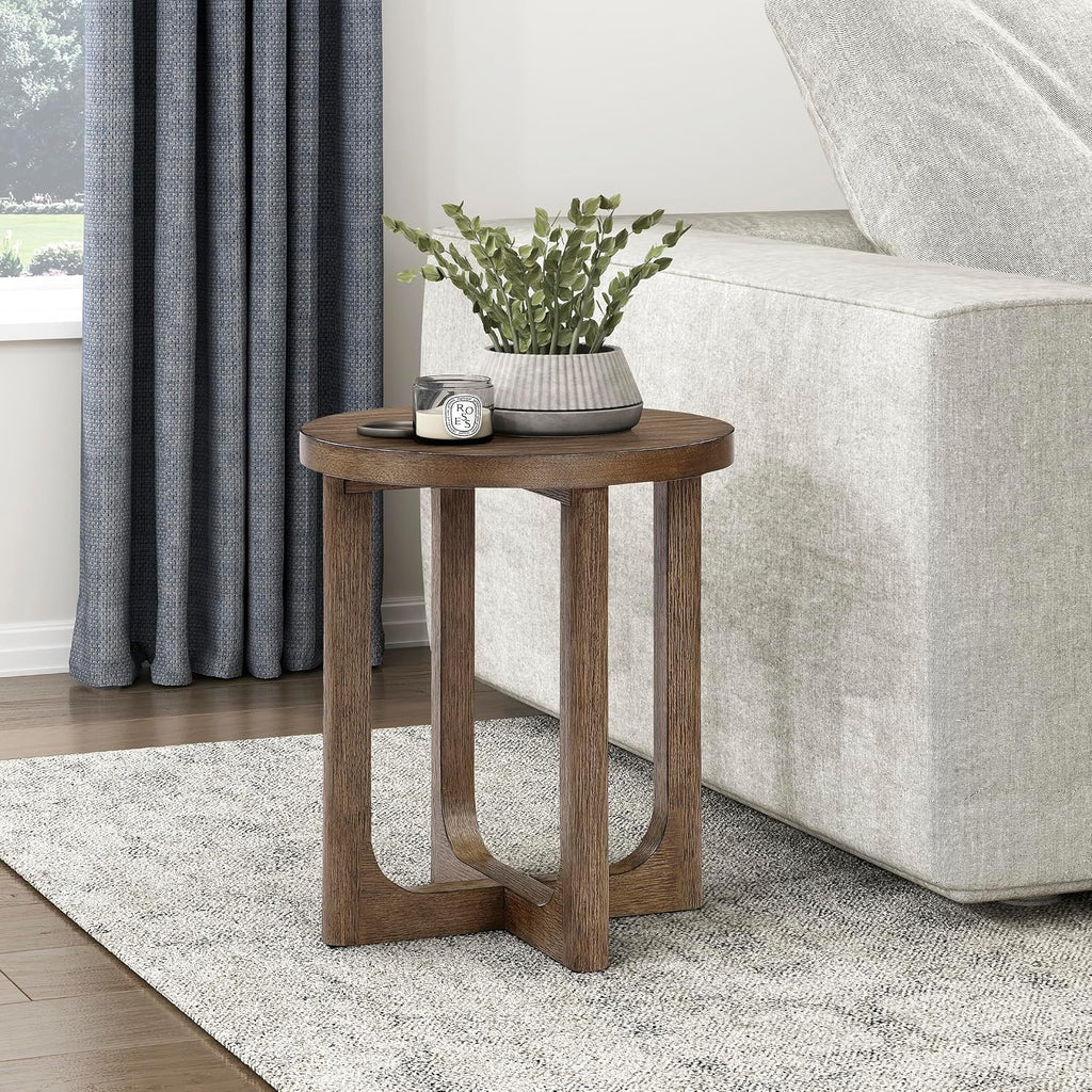 Lexicon Modern Round End Table, 20 Inch Dia. Wood Living Room Side Table, Walnut Veneer, Sturdy Geometric Wood Base, for Living Room/Lounge/Office/Waiting Area, Easy Assembly, Light Brown