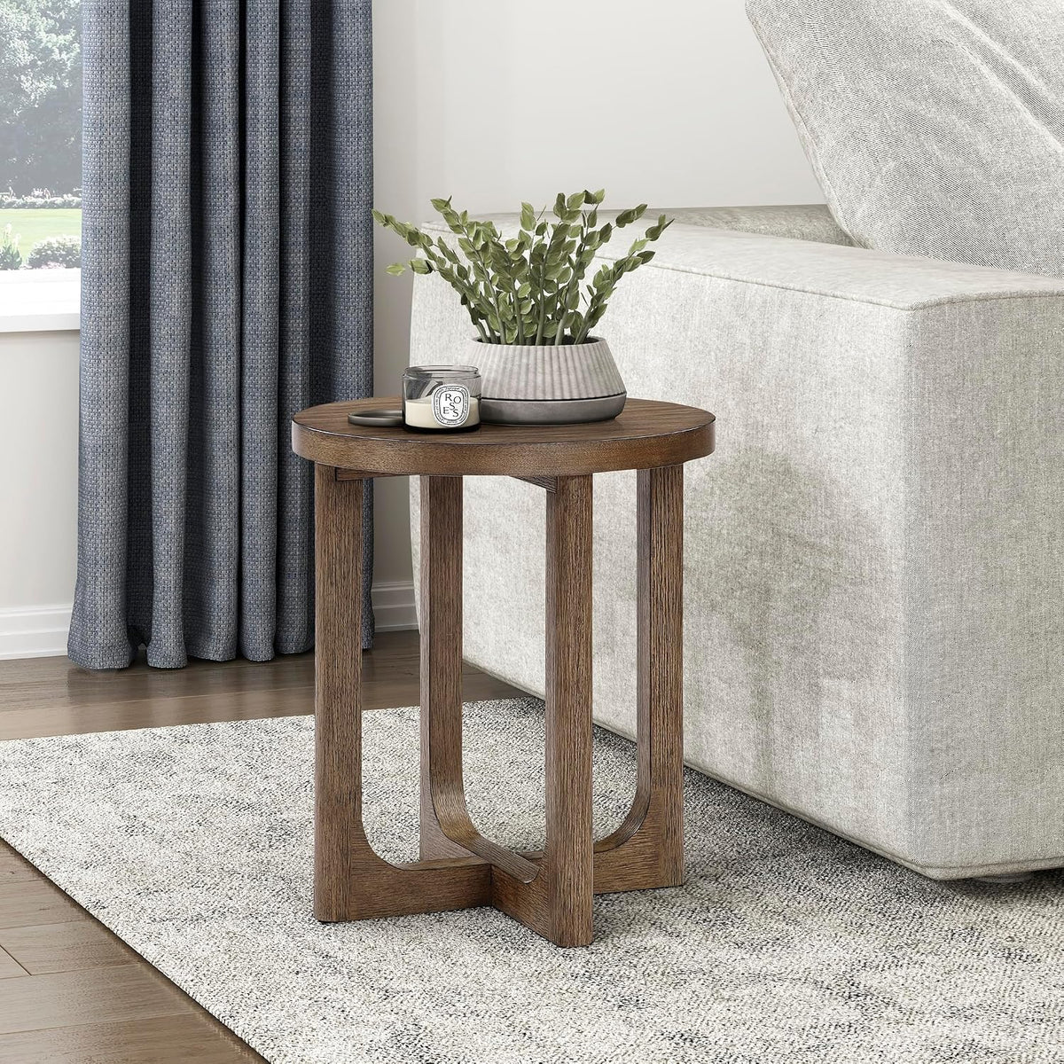 Lexicon Modern Round End Table, 20 Inch Dia. Wood Living Room Side Table, Walnut Veneer, Sturdy Geometric Wood Base, for Living Room/Lounge/Office/Waiting Area, Easy Assembly, Light Brown