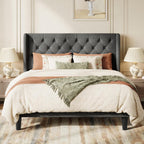 SHA CERLIN Queen Upholstered Bed Frame, Button Tufted Design, Dark Grey