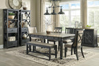 Signature Design by Ashley Tyler Creek Farmhouse Upholstered Dining Room Bench with Tapered Legs, Heavy Woven Fabric, Wood, 19.5" High Seat, Black & Gray