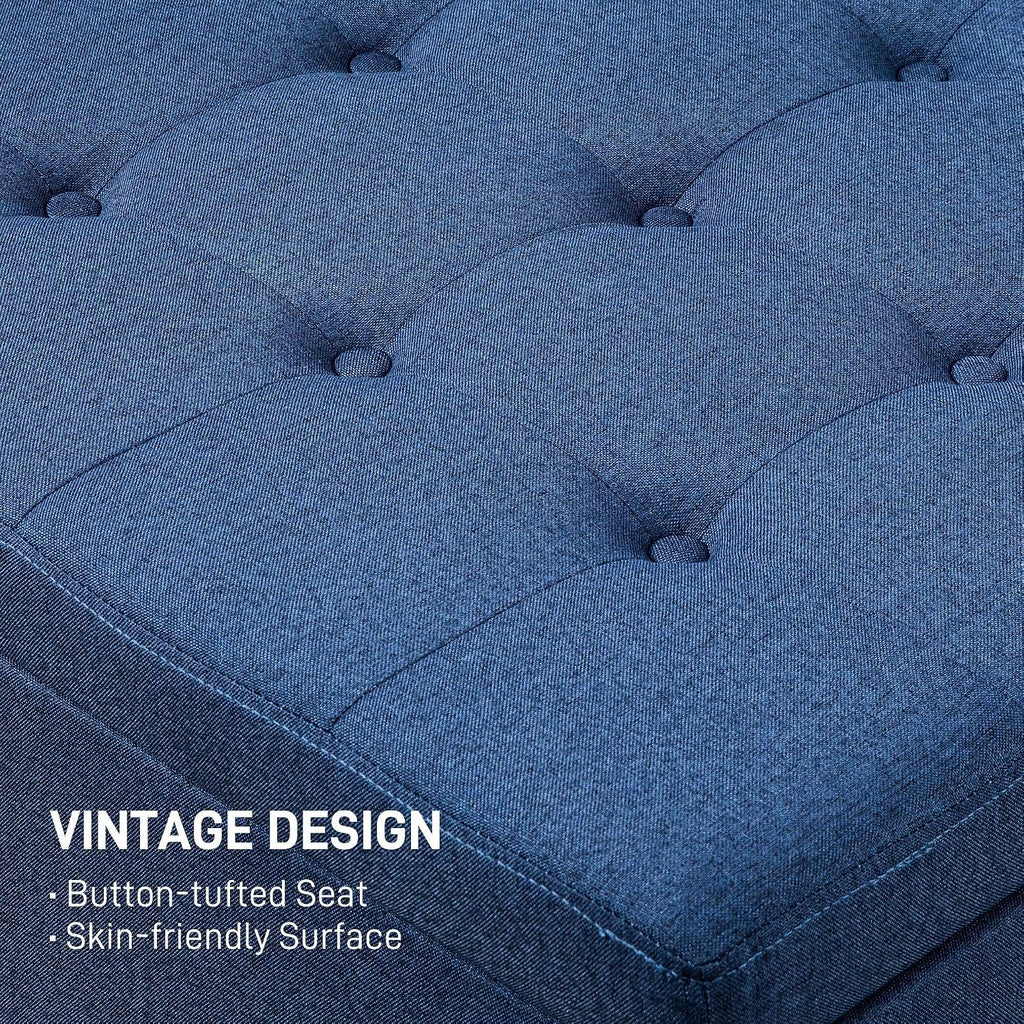 Round Storage Button Tufted Flip Top Ottoman in Deep Blue Velvet Fabric Comfortable Upholstery and Modern Design