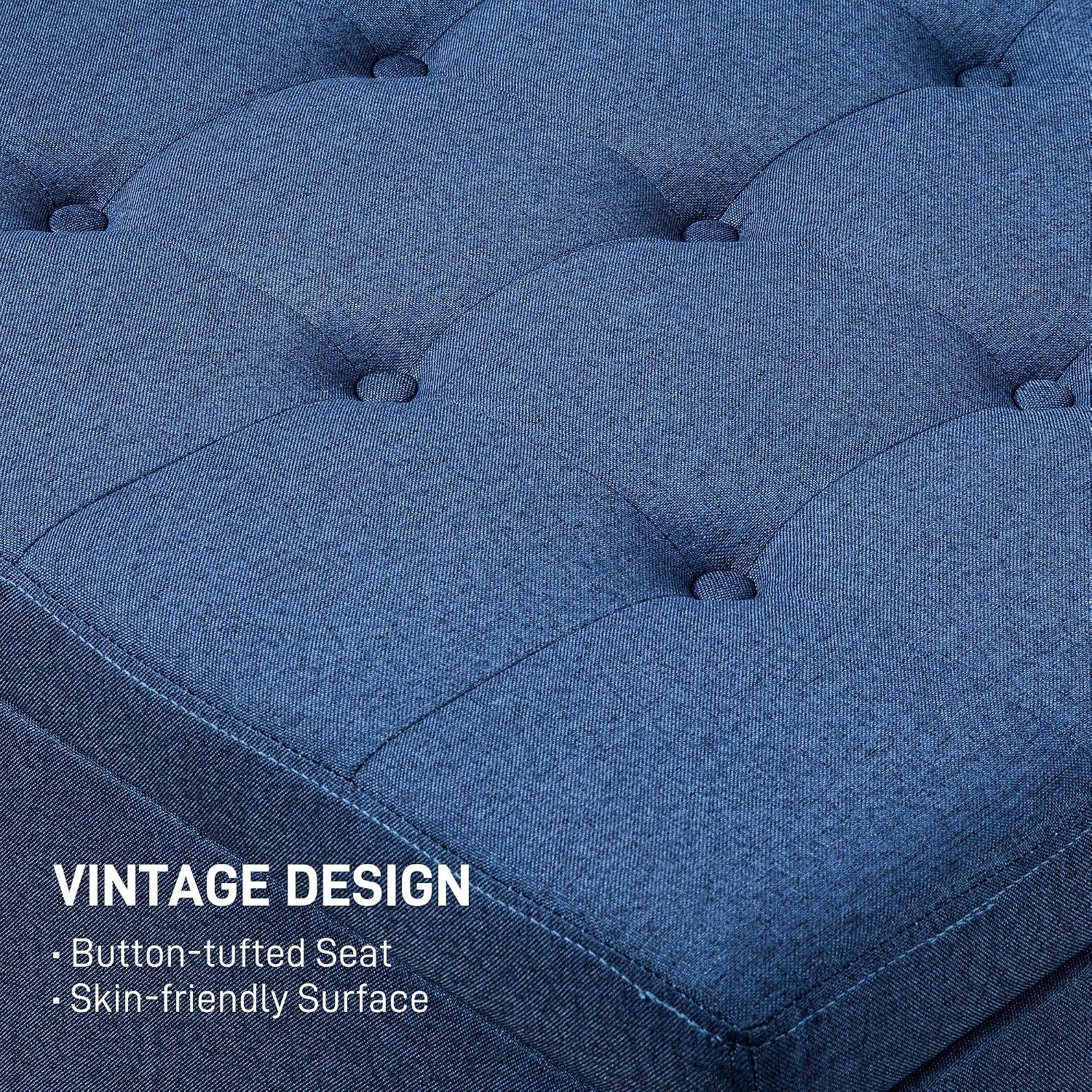Round Storage Button Tufted Flip Top Ottoman in Deep Blue Velvet Fabric Comfortable Upholstery and Modern Design