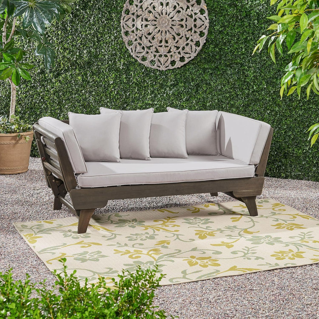 Christopher Knight Home Gary Patio Convertible Couch, Wooden Outdoor Daybed, 3-Seater Acacia Wood Patio Furniture Lounge Sofa for Backyard/Poolside/Garden, Back Pillow+Removable Cushion, Grey