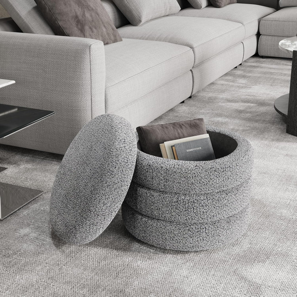 allamazing Storage Ottoman, Round Ottoman with Storage, Vanity Stool Foot Rest with Removable Lid, Round Boucle Upholstered for Living Room Pouf Footstool