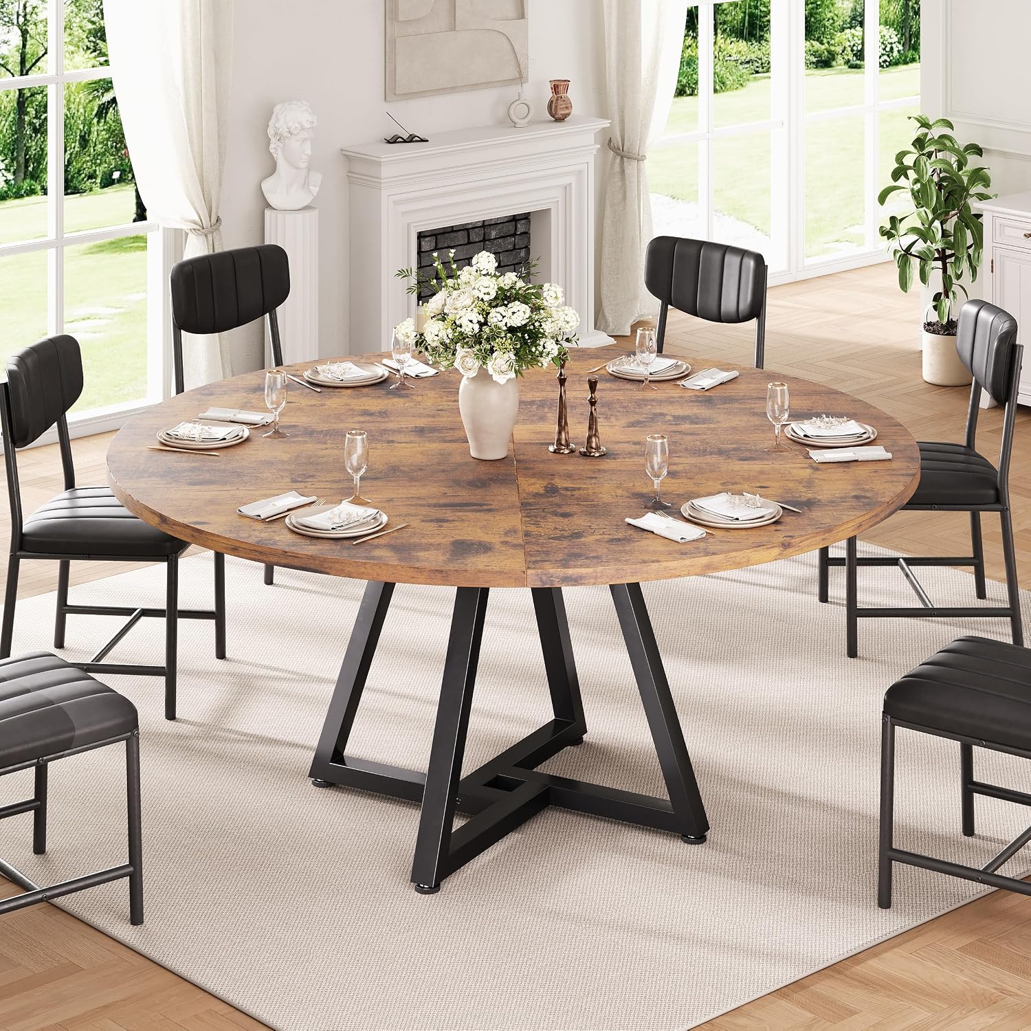Jocoevol 51“ Round Kitchen Dining Room Table for 6-8, Circle Dining Dinner Table with Pedestal Metal Frame, Space Saving Wood Industrial Furniture for Small Space (Rustic Brown)