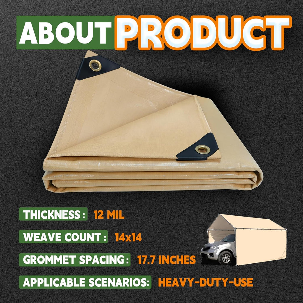RAINDEWAY 10x12 Feet Heavy Duty Tarp,12 Mil Tan Waterproof Poly Tarp Cover,UV Resistant,Weatherproof,Durable,Multipurpose Tarps with Grommets and Reinforced Edges