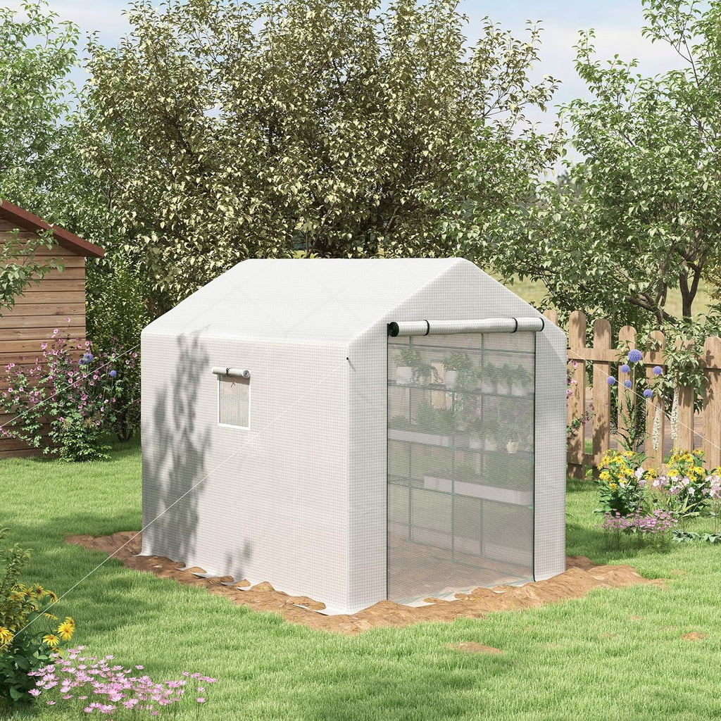 Outsunny 8' x 6' x 7' Walk-in Greenhouse, PE Cover, 4-Tier Shelves, Steel Frame Hot House, Roll-Up Zipper Door for Flowers, Vegetables, Saplings, Tropical Plants, White