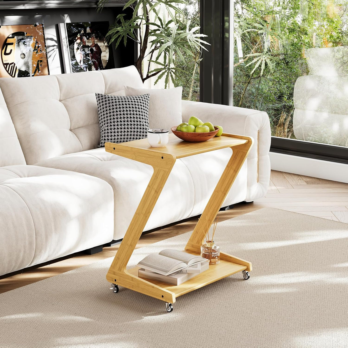 ZIYOO Z-Shaped End Table with Wheels, Natural Bamboo Couch Side Table that Slides Under Sofa/Bed, Mobile Snack Table for Living Room, Bedroom, Small Spaces