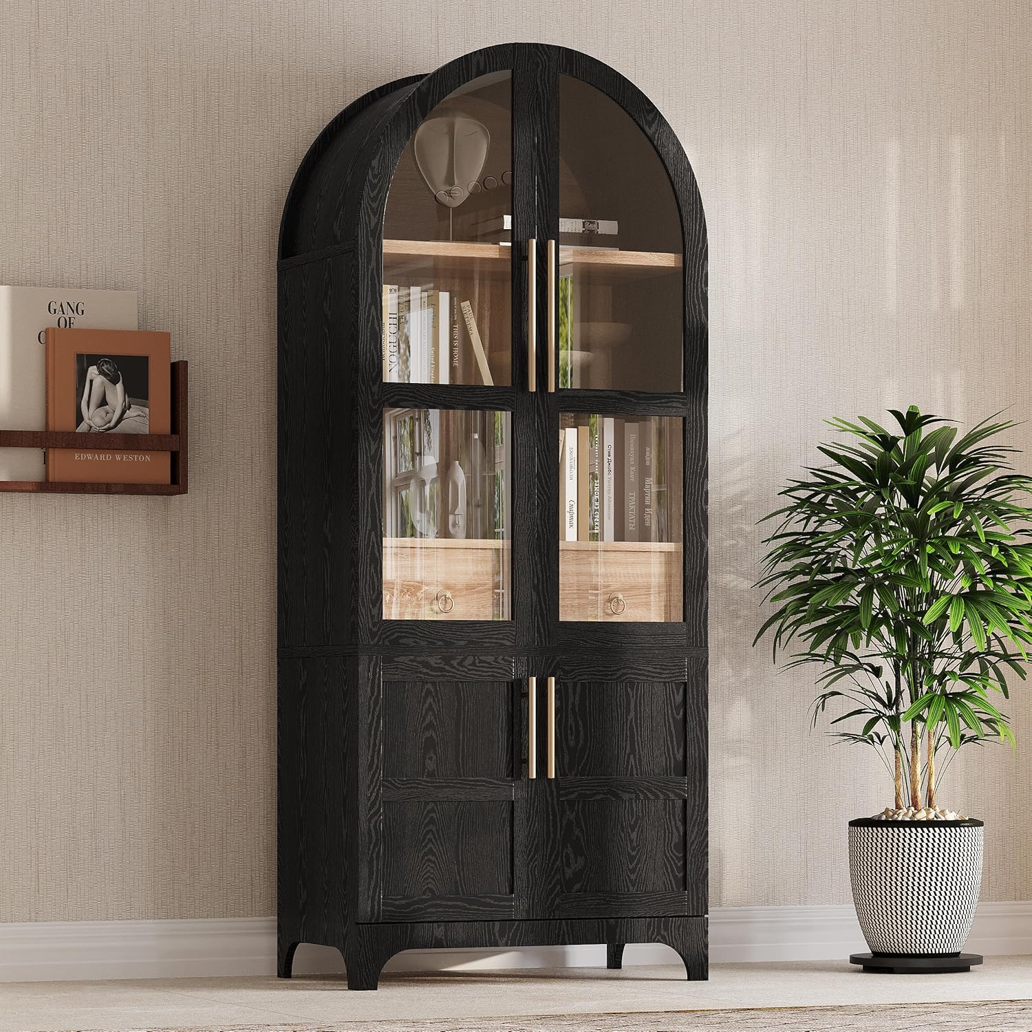 JIJIWANG 71" Tall Arched Kitchen Pantry Cabinet with Doors and Open & Adjustable Shelves, Kitchen Storage Cabine Hidden Drawer & Glass Door, Cupboard for Kitchen, Dining Room, Black