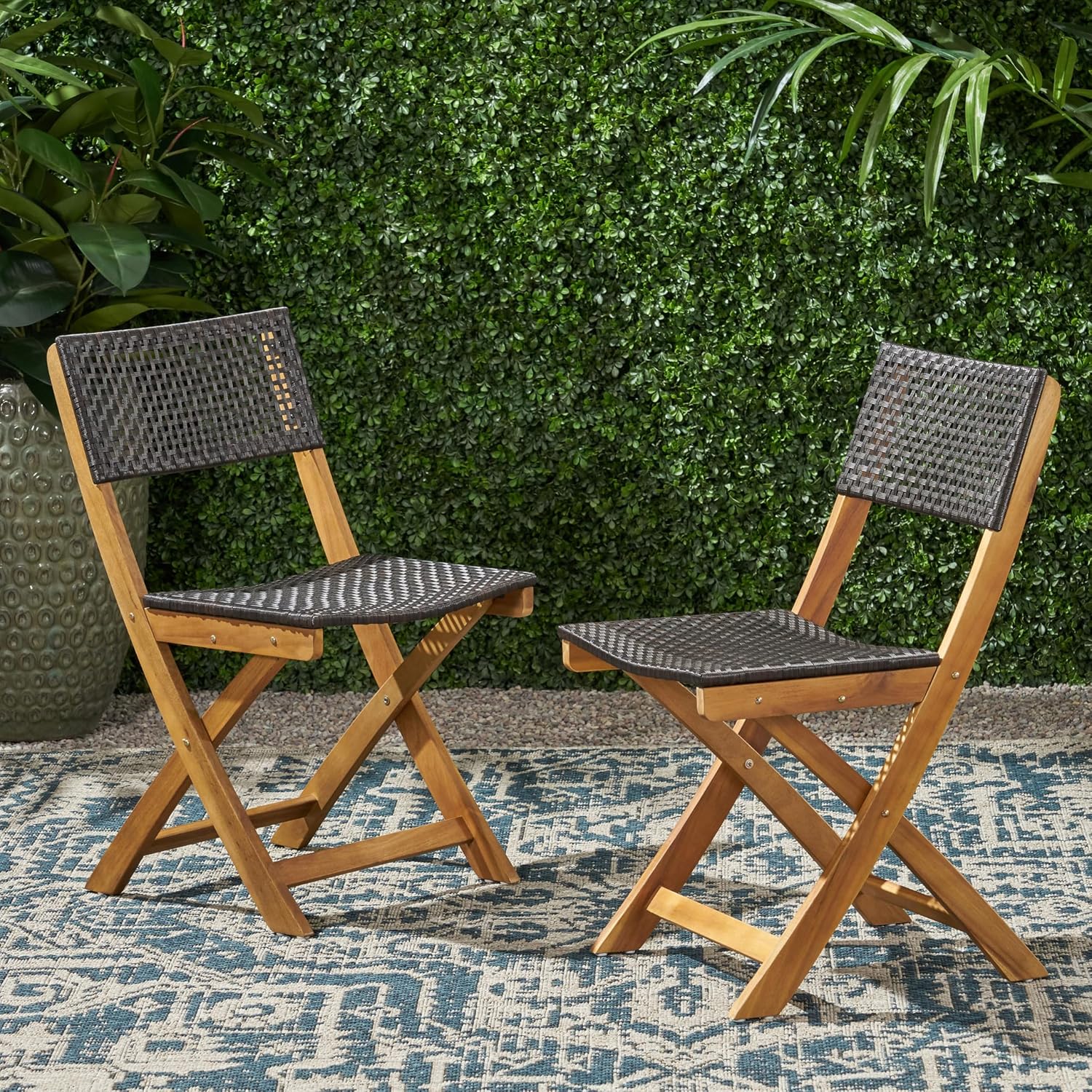 Wicker Patio Chairs Set of 2, Foldable Acacia Wood Outdoor Bistro Chairs with Woven Cane Seating for Garden, Backyard, or Balcony
