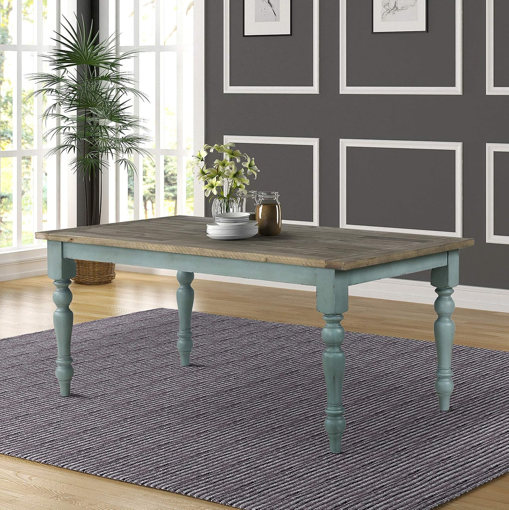 Roundhill Furniture Prato 6-Piece Dining Set, Dining Table with 4 Cross Back Chairs and Bench, Antique Blue and Distressed Walnut Finish