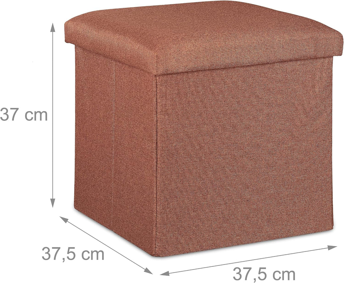 Relaxdays Stool with Storage Space, Foldable, Soft, Padded, Square, Fabric, Cube, HxWxD: 37 x 37.5 x 37.5 cm, Brown