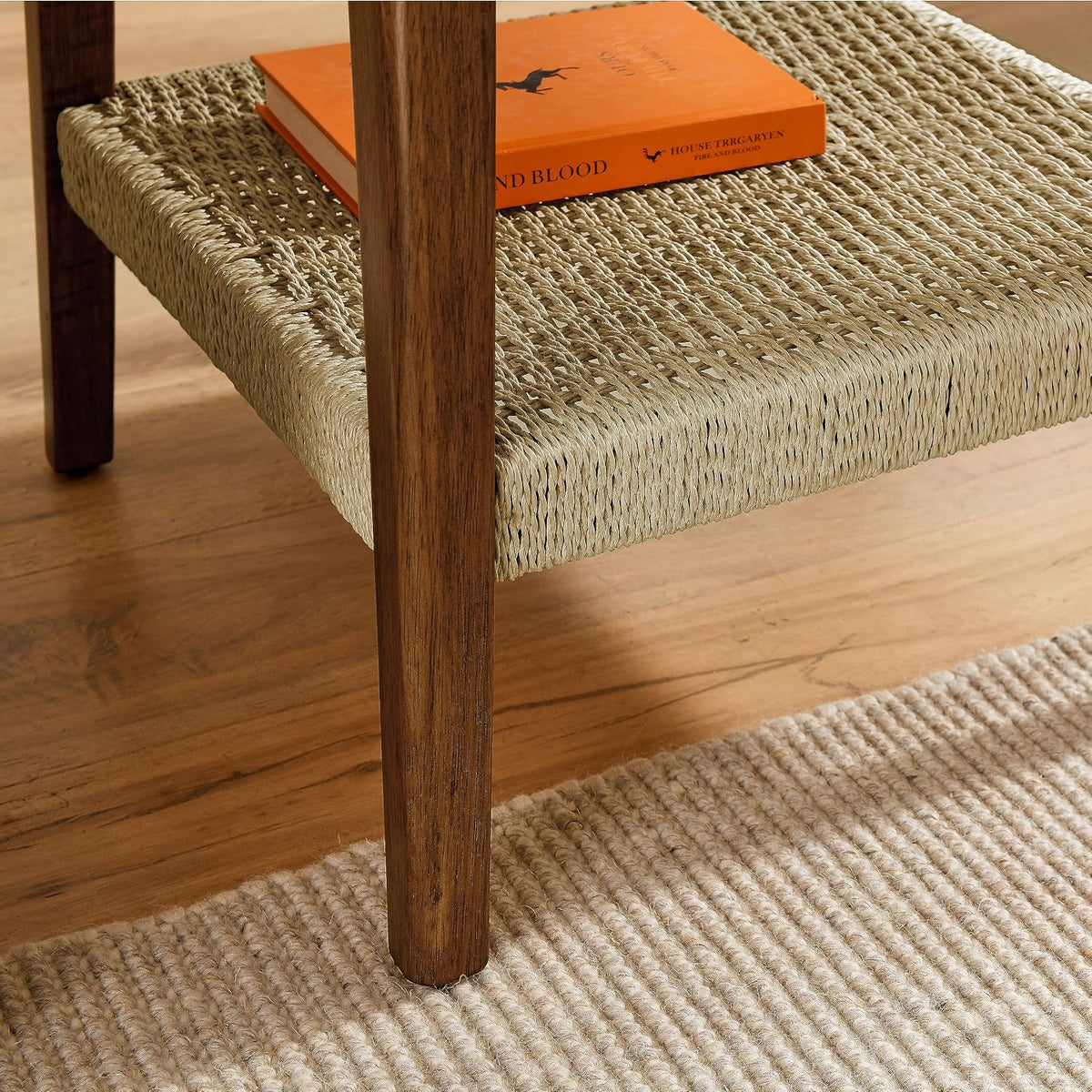 NewCosmos 23" Mid-Century Side Table with Woven Shelf, Boho Side Table with Storage, Bedside Tables, Small Side Table for Living Room Couch Bedroom Patio Home Office