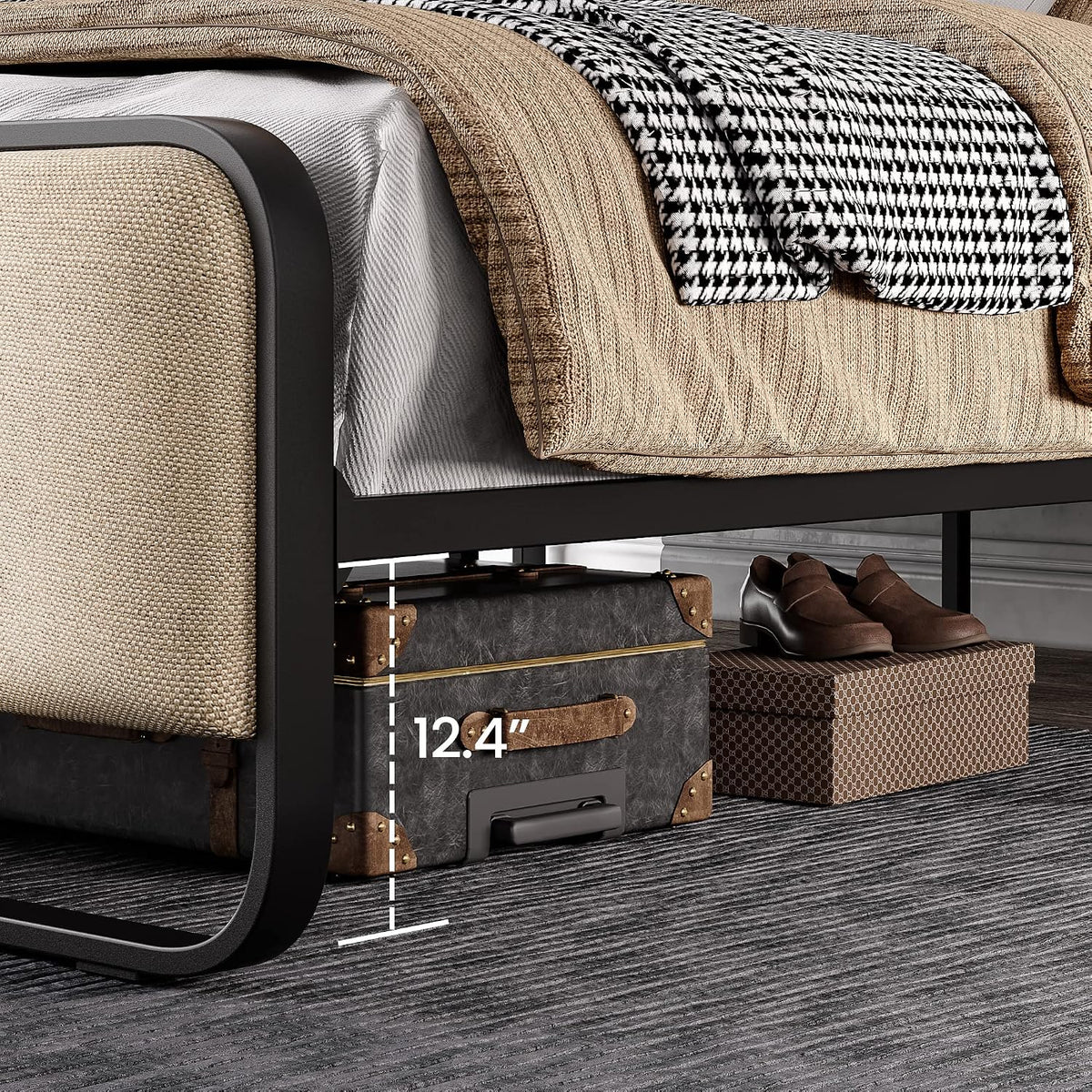 SHA CERLIN Full Size Metal Bed Frame with Upholstered Headboard, Beige