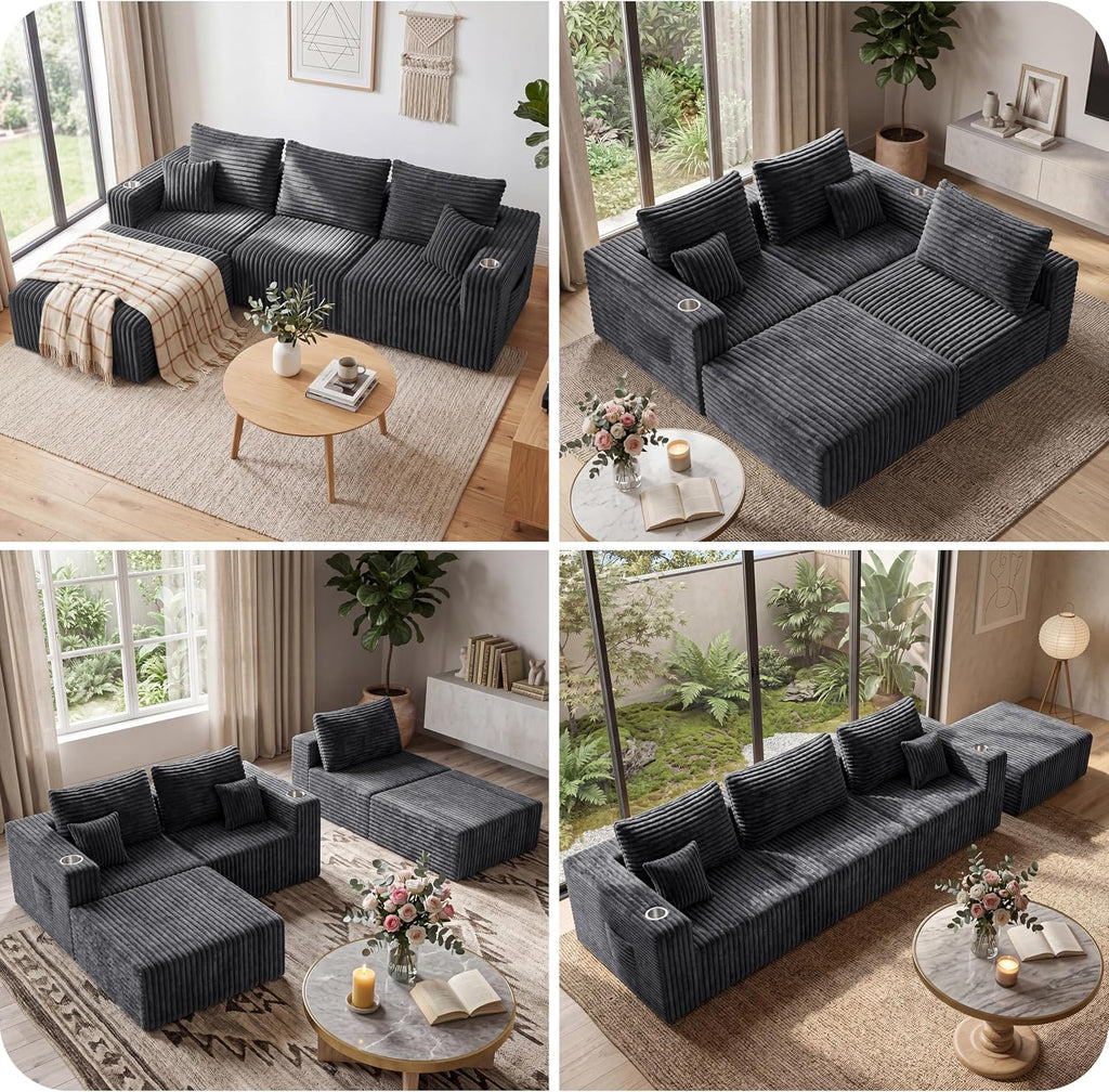 33.5'' Plush Fluffy Corduroy Ottoman for Floor Couch in a Box, Modern Compressed Sofa, Small Comfy Square Couch for Living Room, Bedroom, Grey, (Ottoman)