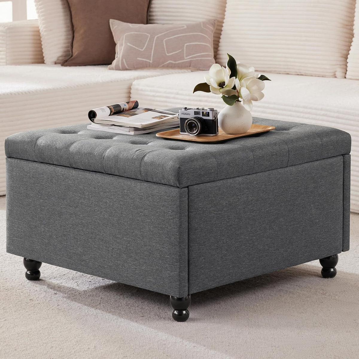 28" Large Square Ottoman with Storage, Fabric Ottoman Coffee Table, Grey | Living Room Coffee Table, Footrest or Extra Seat, Bedroom and Entryway Use, Solid Wood Frame, Safety Hinges, 300 lb Capacity