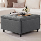 30" Large Square Ottoman with Storage, Fabric Ottoman Coffee Table, Grey | Tufted Upholstered Ottoman for Living Room, Oversized Square Storage Ottoman for Bedroom and Entryway, Solid Wood Frame