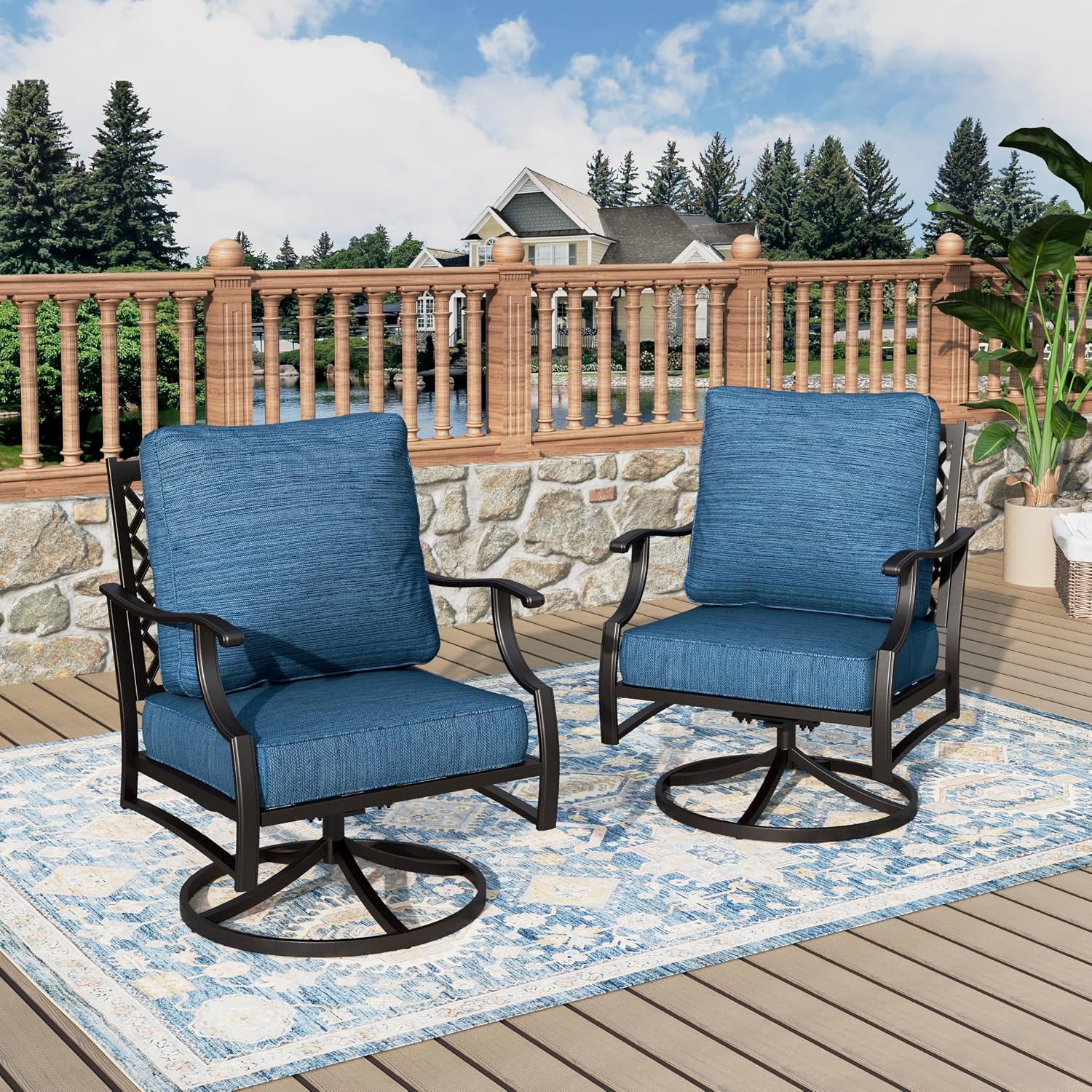 MIXPATIO, 2 Pack, Swivel Rocking Chairs, Metal, Peacock Blue | 31.5"D x 28.35"W x 35.03"H, 5.75" Thick Cushions, High Back, All Weather, 360° Swivel, E-Coated and Powder-Coated Frame