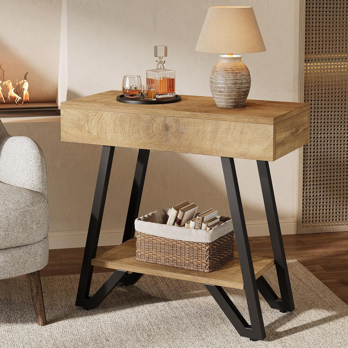 Tribesigns Metal End Side Table for Living Room, 2-Tier Narrow Couch Side Table with Storage Shelves, Small Bedside Nightstand for Bedroom, Small Spaces, Natural(Set of 2)