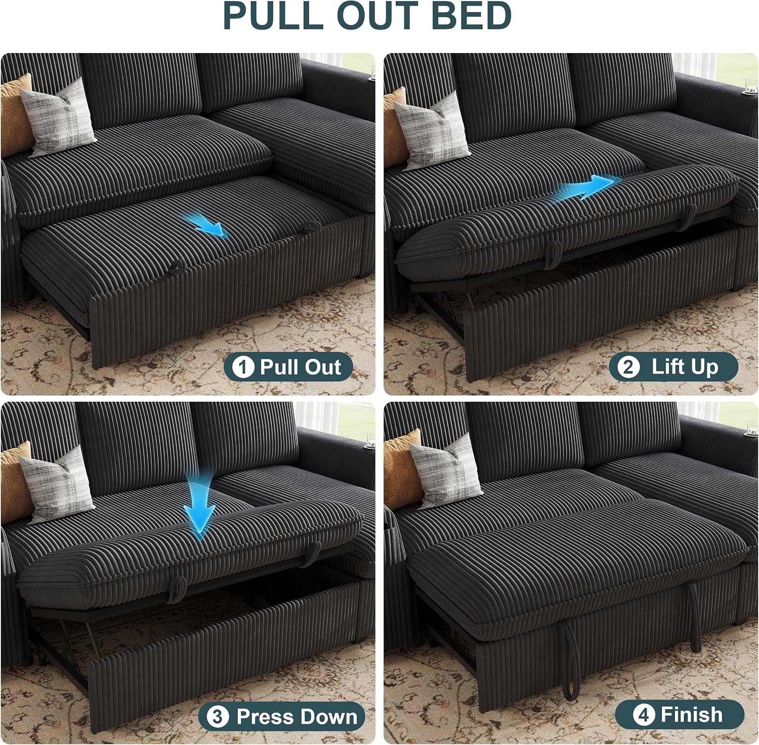 Sectional Sleeper Sofa with Pull Out Bed, Plush Corduroy 7 Seat Modular Sectional Sofa with Storage Chaise and Adjustable Backrest, Cloud Couches for Living Room, Apartment, Dark Grey