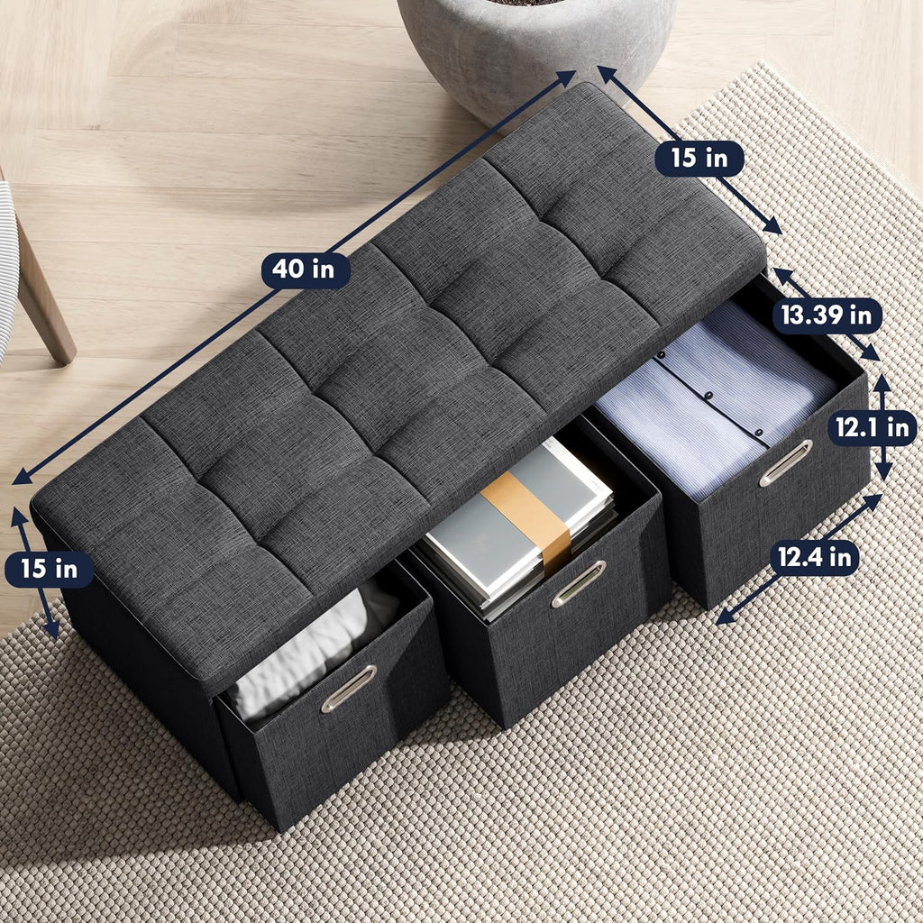 Ornavo Home 40 Inch Storage Ottoman with 3 Drawers, Tufted Linen, Black | Foldable Large Bench Design; Foot Rest Stool Seat; Ideal for Living Room, Bedroom or Entryway