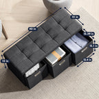 Ornavo Home 40 Inch Storage Ottoman with 3 Drawers, Tufted Linen, Black | Foldable Large Bench Design; Foot Rest Stool Seat; Ideal for Living Room, Bedroom or Entryway